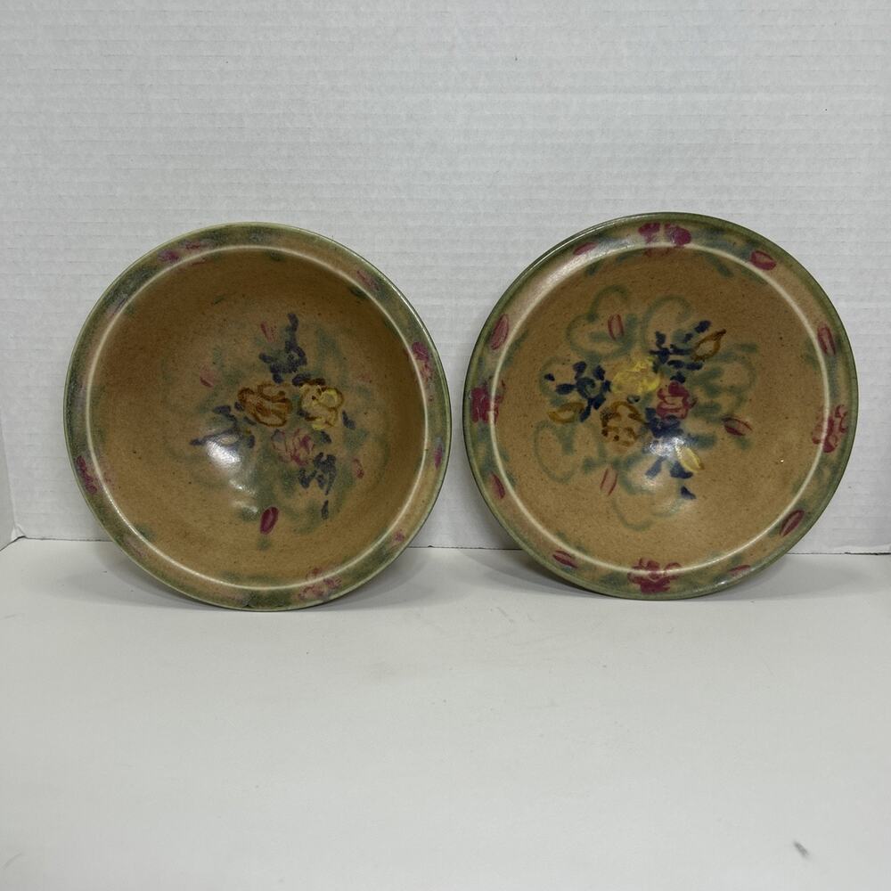 Clouds Folsom Art Pottery 6" Cereal Bowls Floral Pattern Signed 1995 Qty 2